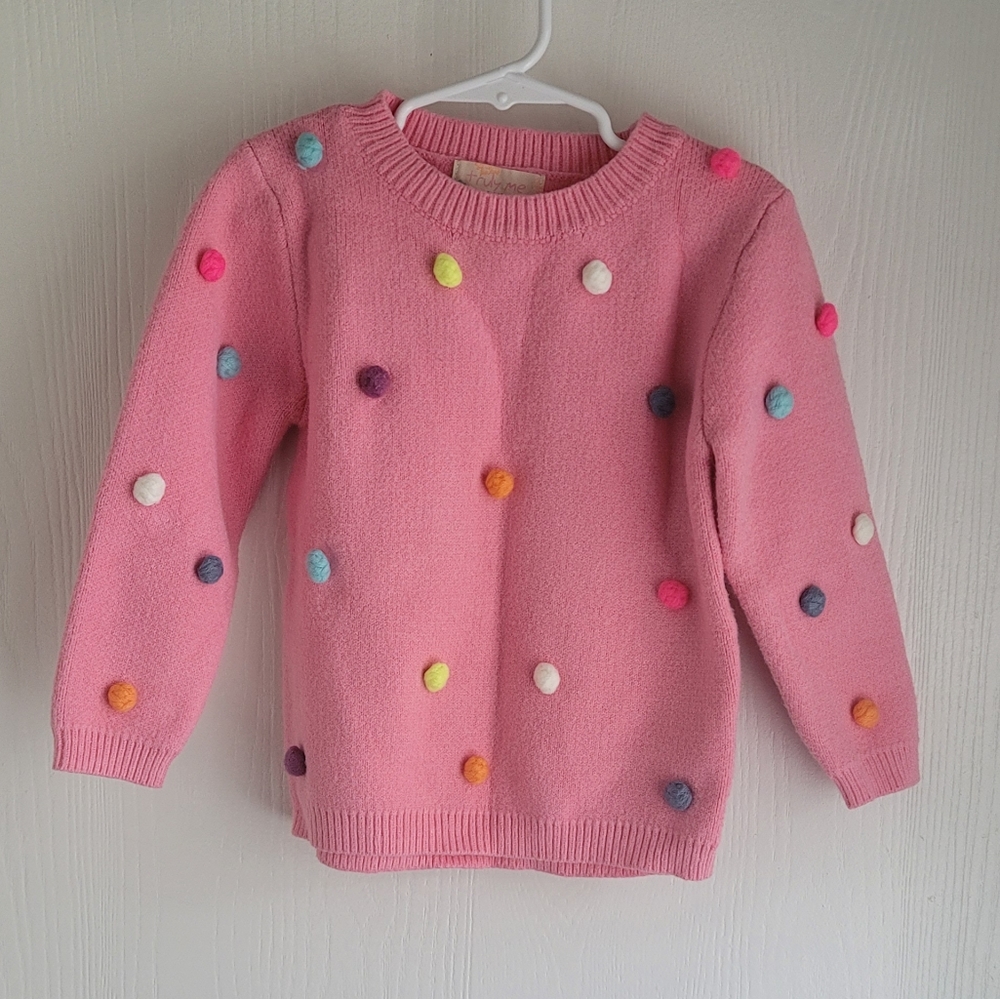 Truly Me By Sara Sara Girls Pullover Sweater Sz 5 Pink & Colorful Yarn Pom Poms
